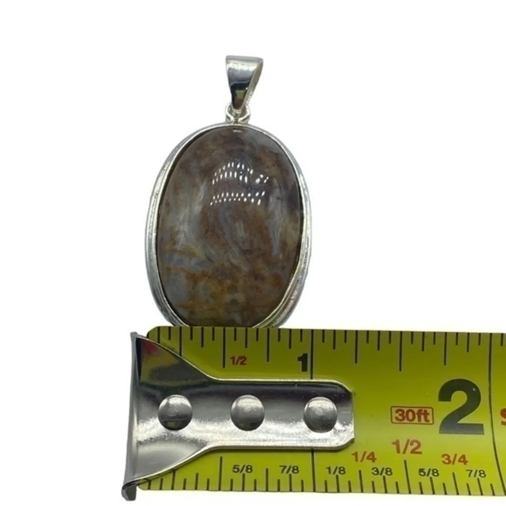 Mexican Agate Gemstone Sterling Silver 925 Pendant 2in